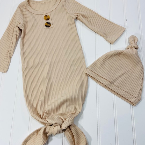 Knotted gown, beige gender neutral knotted gown with hat , unisex organic cotton knotted gown set