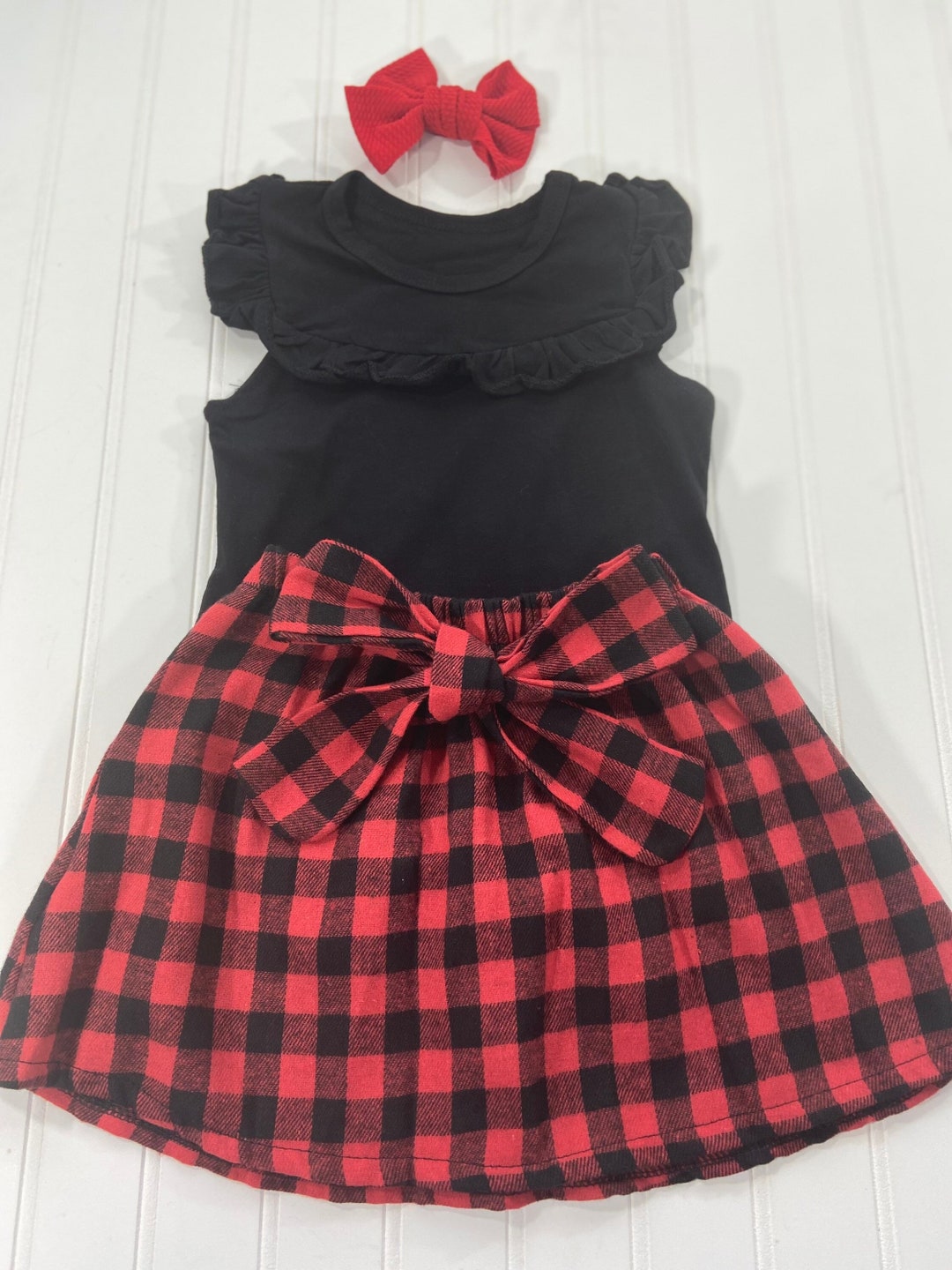 Toddlers Buffalo Plaid Skirt and Romper With Red Bow Clip 12 - Etsy