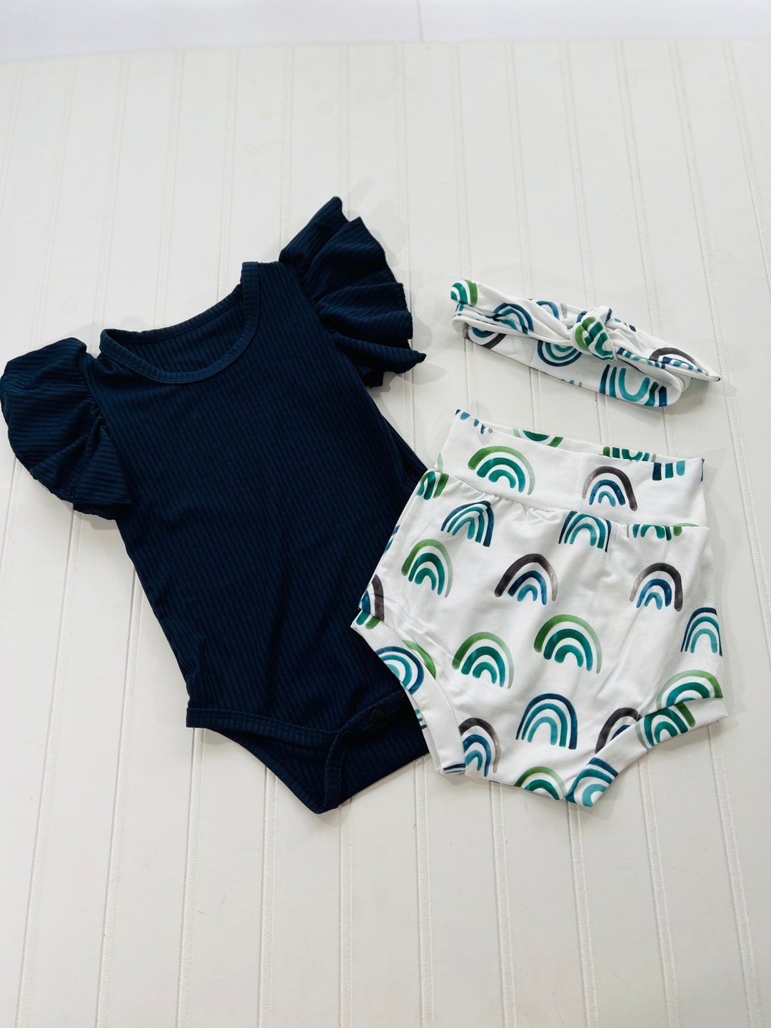 Baby Girl Navy Blue Romper With White Rainbow Shorts With Etsy