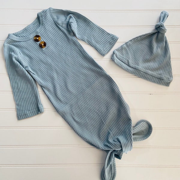 Knotted gown, slate blue knotted gown Canada, newborn boy coming home outfit, boy layette set,newborn knotted gown boy