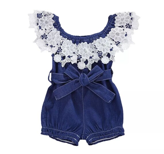 Baby Girl Denim Outfit Denim and Lace Collar Romper Baby Etsy