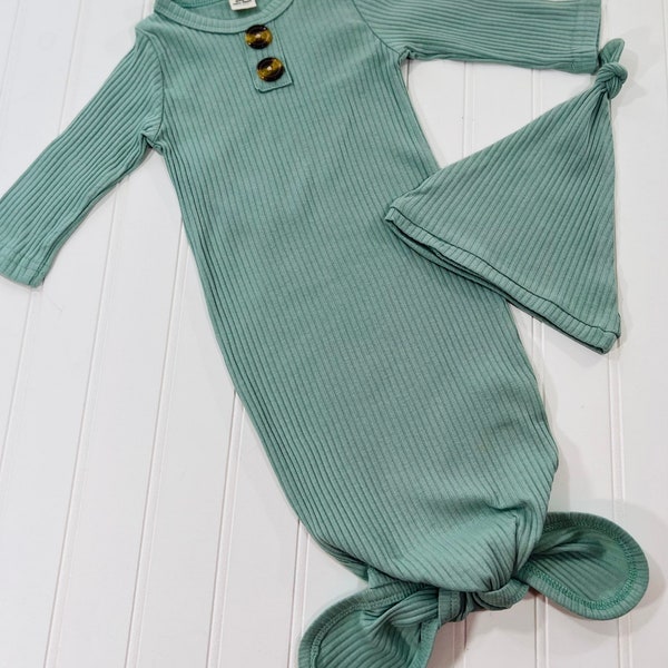 Knotted gown, unisex coming home outfit, sage green, newborn gown and hat set