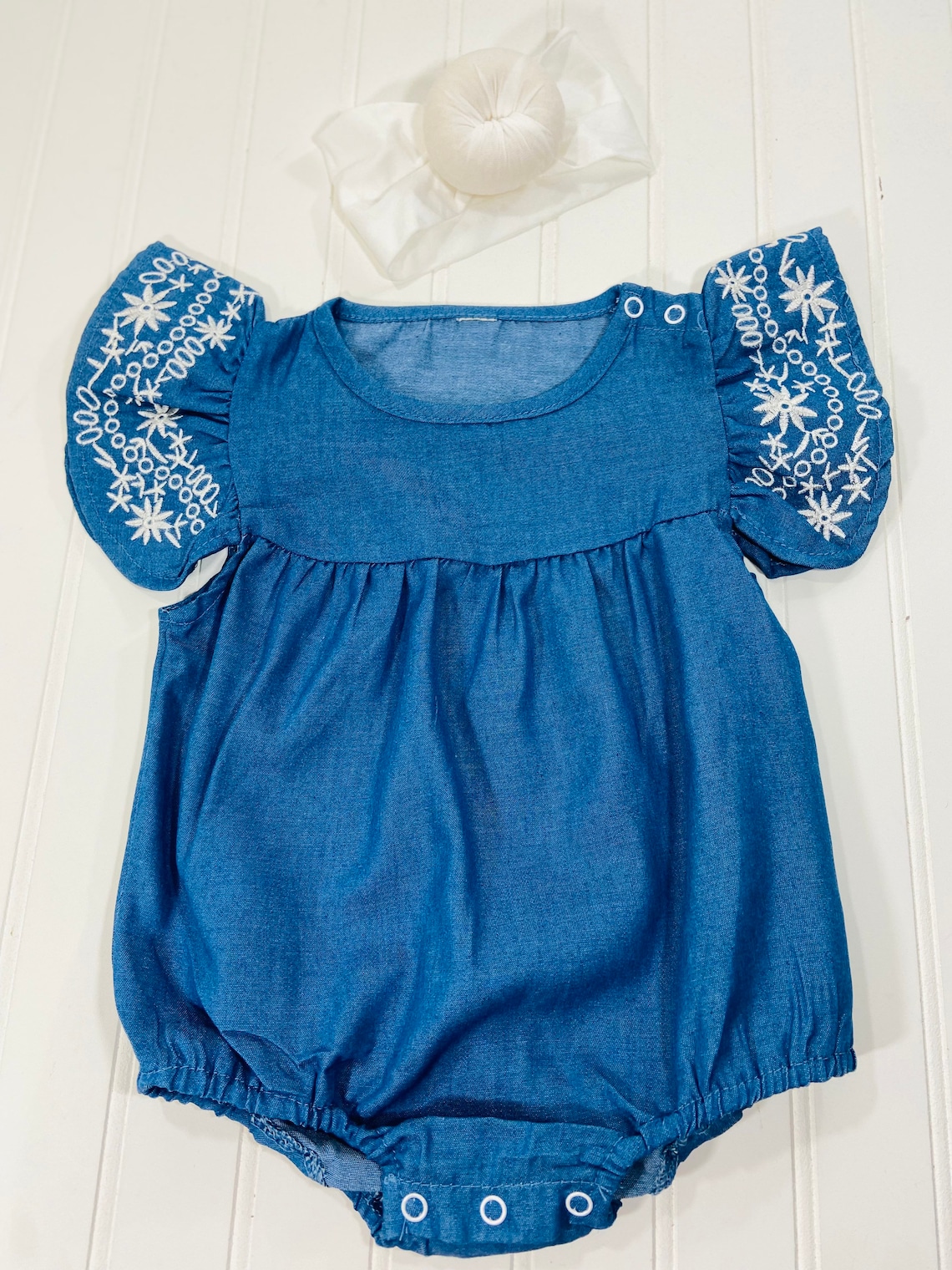 Baby Girl Denim Outfit With Embroidered Ruffle Sleeves 12 Etsy