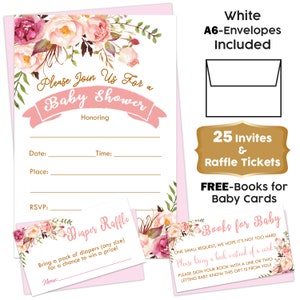 Boho Pink Blush Floral Baby Shower Invitation Girl Set of 25 Invitations with Diaper Raffle Tickets and White Envelopes