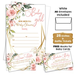 Pink Blush Baby Shower Invitations For Girl with Diaper Raffle Tickets and Envelopes - SET of 25