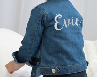 Personalised Splash Name Organic Baby Toddler Denim Jacket Custom Girl Boys
