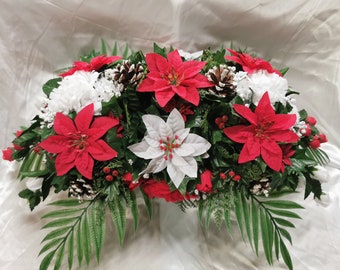 Red and White Poinsettia Pine Cone Roses Carnations Christmas Saddle