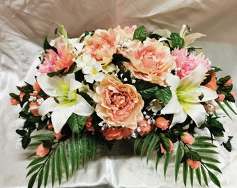 Peach Peony Mixed Flower Cemetery Saddle