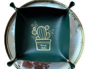 Leather Cactus Tray | Plant Trinket Tray, Cute Tray, Emerald Green Button Tray