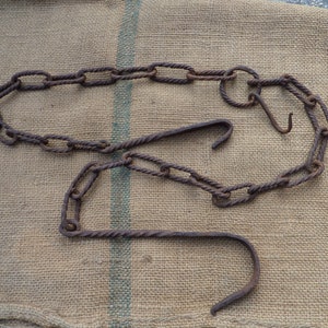 Antique twisted iron chimney chain with hook antique vintage hand forged fireplace fire pit