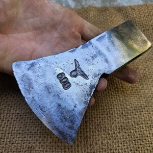 May include: A metal axe head with a worn, textured appearance. The blade has a polished edge, and the head features stamped markings, including the number "600" and a stylized design. The axe is held in a hand.