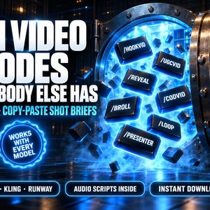 Può includere: Un grafico digitale che mostra una porta di caveau metallica con luce blu che emana dall'interno. Tasti neri fluttuanti mostrano testo come /HOOKVID, /UGCVID, /REVEAL, /CODVID, /BROLL, /LOOP e /PRESENTER. Il testo recita AI VIDEO CODES NOBODY ELSE HAS 300+ COPY-PASTE SHOT BRIEFS.