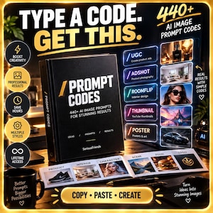 May include: A black book titled PROMPT CODES with 440+ AI image prompts for stunning results, displayed with an open manual showing categories like PRODUCT, INTERIOR, and SCENE. The layout includes text such as TYPE A CODE. GET THIS. and COPY. PASTE. CREATE.