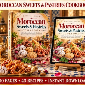 Peut inclure: Un livre de cuisine intitulé Moroccan Sweets & Pastries présentant 100 recettes authentiques, affiché sous forme de livre physique et de tablette numérique. La couverture montre une assiette de pâtisseries traditionnelles variées.