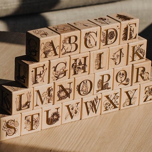Set of 26 Nature Themed Blocks, Wooden Blocks, Wooden Decor, Alphabet Blocks, Montessori Toys, Kids Birthday Gift, Gifts for Baby
