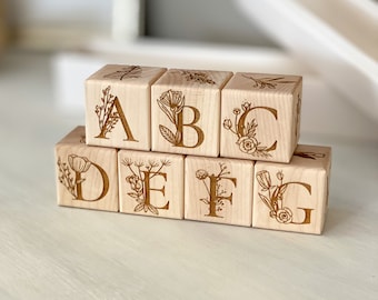 Floral Wooden Block Toys With Full Alphabet | Laser Engraved Handmade Blocks | Baby Blocks | Childrens Blocks | Building Blocks | Baby Gift