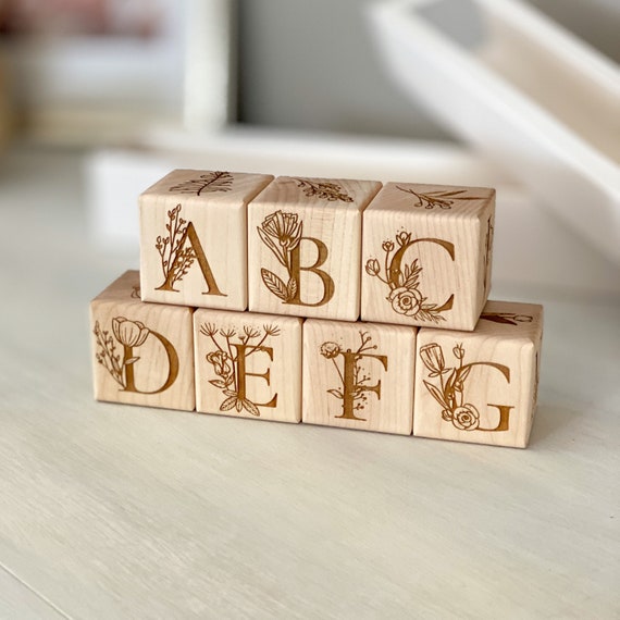 Floral Wooden Block Toys With Full Alphabet Laser Engraved Handmade Blocks  Baby Blocks Childrens Blocks Building Blocks Baby Gift 