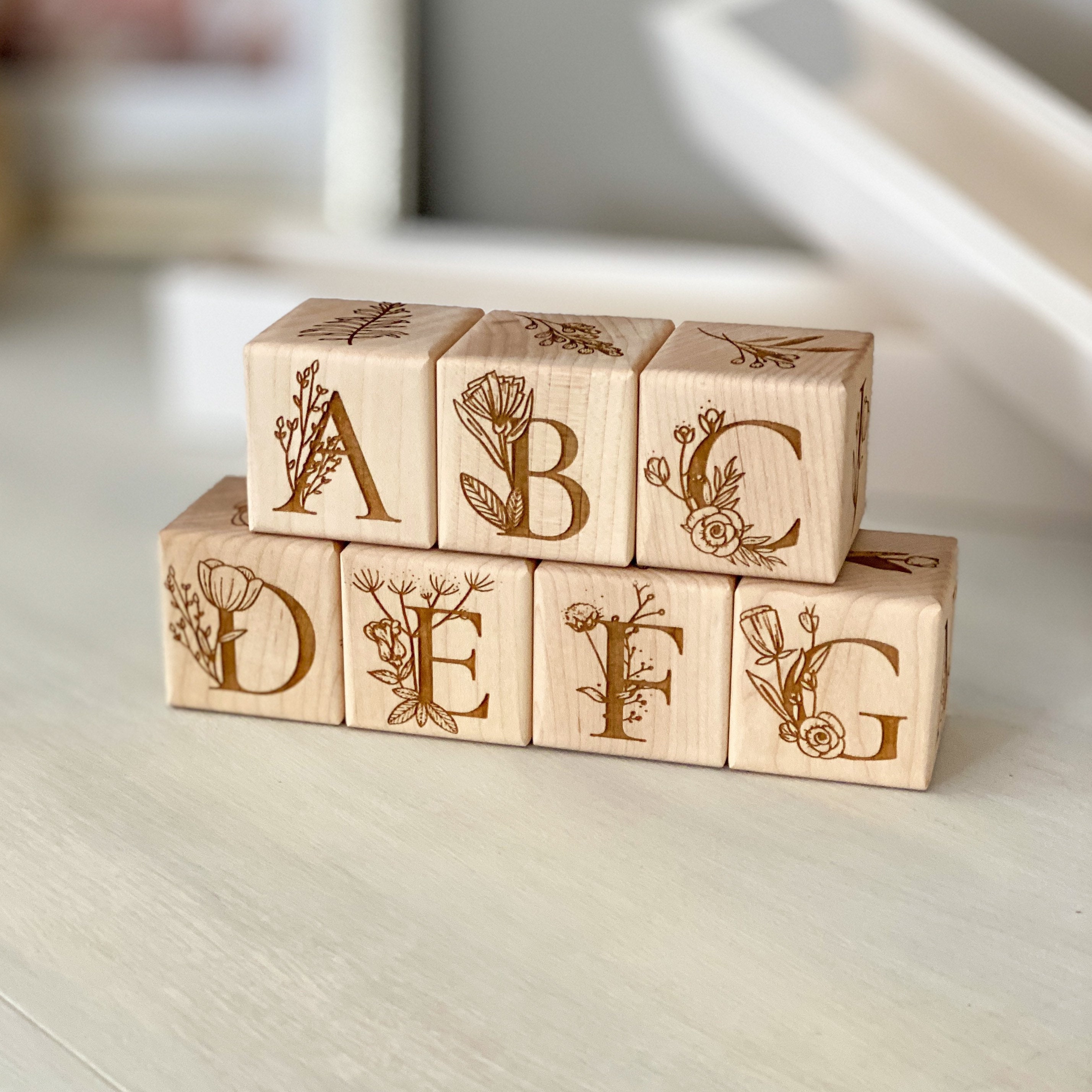 Floral Wooden Block Toys With Full Alphabet Laser Engraved