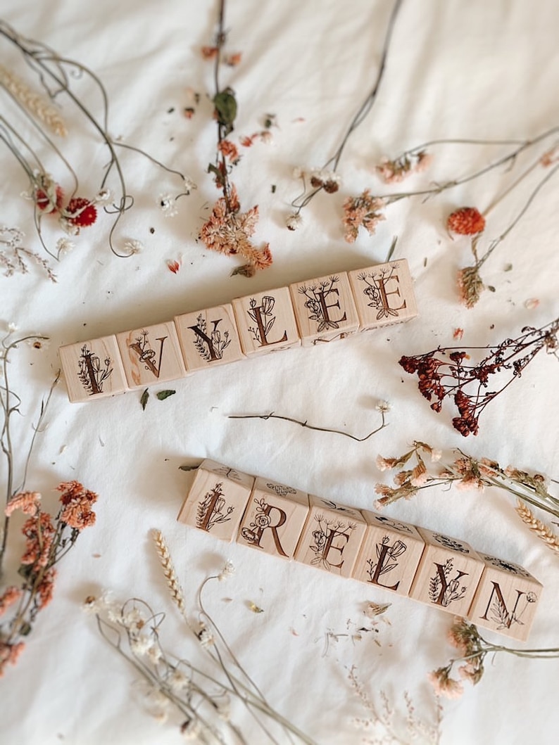 Floral Wood Alphabet Blocks Personalized Name Custom Name Blocks Handmade Wood Blocks Botanical Baby Shower Floral Nursery Decor image 7