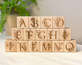 ABC Floral Blocks | 15 Wooden Block Toys | Laser Engraved Handmade Blocks | Baby Blocks | Childrens Blocks | Building Blocks | Wood Alphabet