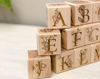 ABC Floral Blocks | 15 Wooden Block Toys | Laser Engraved Handmade Blocks | Baby Blocks | Childrens Blocks | Building Blocks | Wood Alphabet