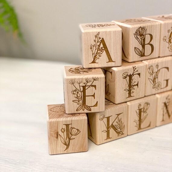 ABC Floral Blocks 15 Wooden Block Toys Laser Engraved Handmade