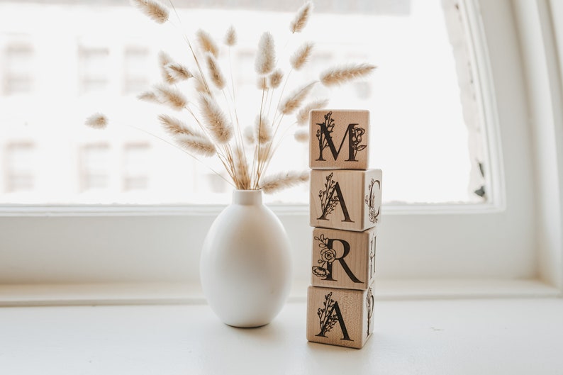 Floral Wood Alphabet Blocks Personalized Name Custom Name Blocks Handmade Wood Blocks Botanical Baby Shower Floral Nursery Decor image 2