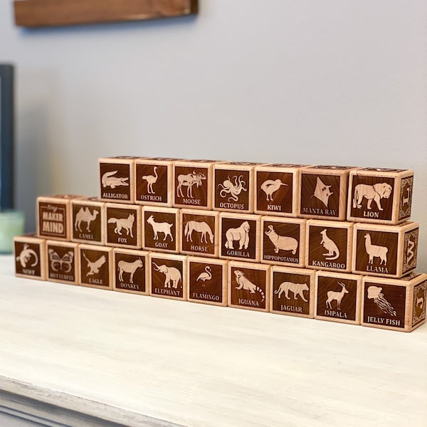 Animal and ABC Wooden Blocks | 26 Alphabet Blocks | Wooden Animal Blocks | Animal Toys | Handmade Blocks | Natural Wood Toy | ABC Block Set