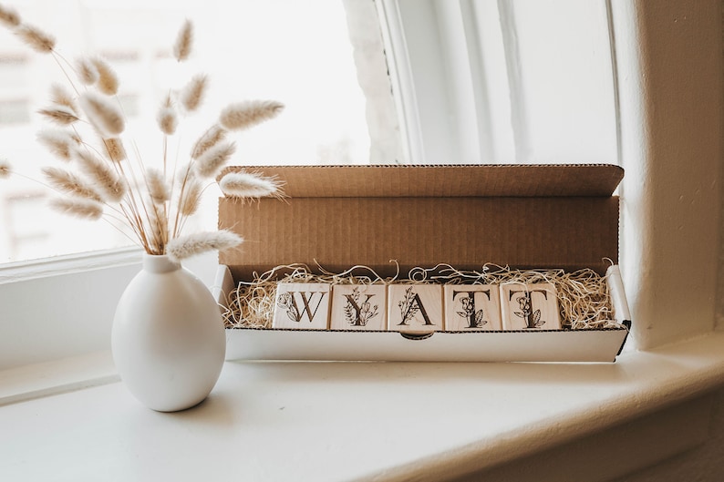 Floral Wood Alphabet Blocks Personalized Name Custom Name Blocks Handmade Wood Blocks Botanical Baby Shower Floral Nursery Decor image 3