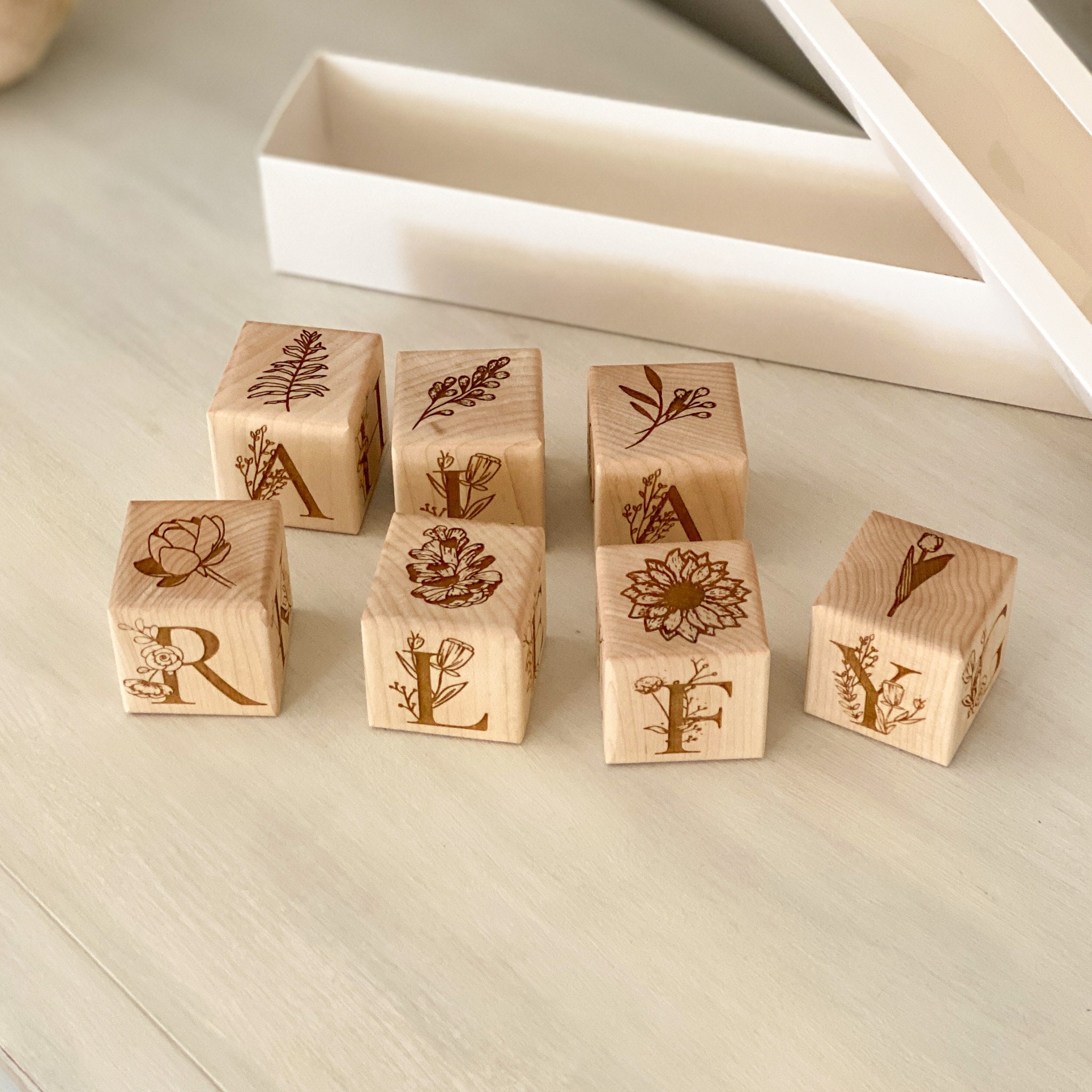 Floral Wooden Block Toys With Full Alphabet Laser Engraved Handmade Blocks  Baby Blocks Childrens Blocks Building Blocks Baby Gift 