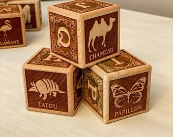 French Set of 15 Animal Alphabet Wooden Blocks | Animal Toys | Handmade Blocks | Natural Wood Toy | ABC Block Set