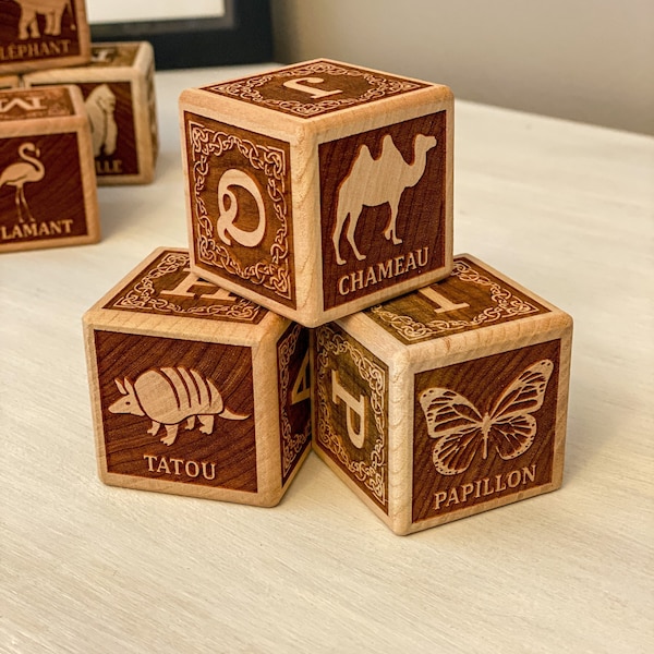 French Set of 15 Animal Alphabet Wooden Blocks | Animal Toys | Handmade Blocks | Natural Wood Toy | ABC Block Set