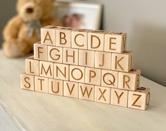 ABC Blocks | 26 Wooden Block Toys | Laser Engraved Handmade Blocks | Baby Blocks | Childrens Blocks | Building Blocks | Wood Alphabet Blocks