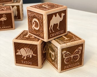 French Animal ABC Wooden Blocks | 7 Blocs Alphabet Français | Francais Wooden Animal Blocks | French Animal Toys | French Toy | ABC Block