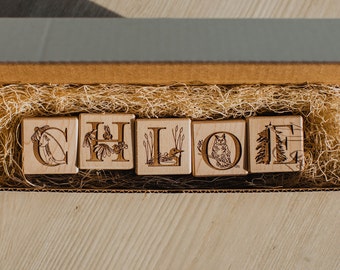 Nature Themed Wood Blocks | 1.75" Solid Maple Hardwood Personalized Name Blocks | Custom Name Blocks | Floral Baby Shower | Nursery Decor