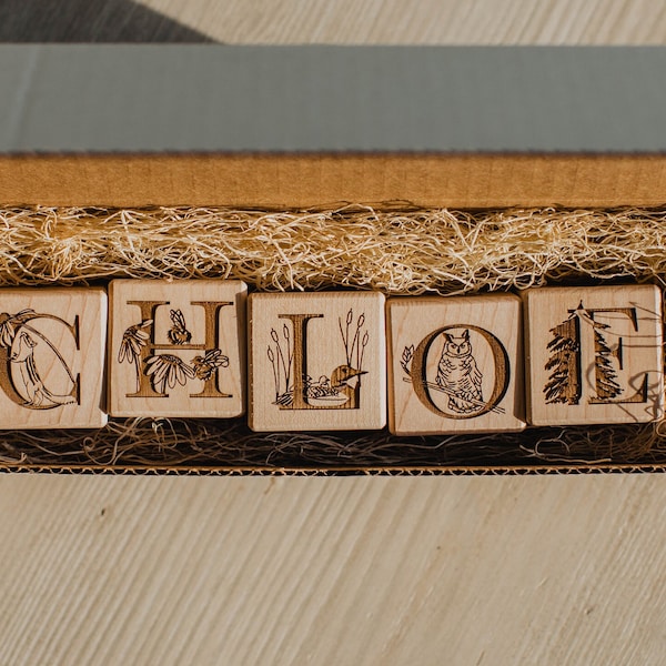 Nature Themed Wood Blocks | 1.75" Solid Maple Hardwood Personalized Name Blocks | Custom Name Blocks | Floral Baby Shower | Nursery Decor