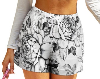 Black and White Flower Print Loose High Waisted Shorts