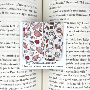 Set of 2 Faux Leather Magnetic Bookmarks Page Markers Fall Autumn Coffee Pumpkins Leaves Cozy Gift Ideas