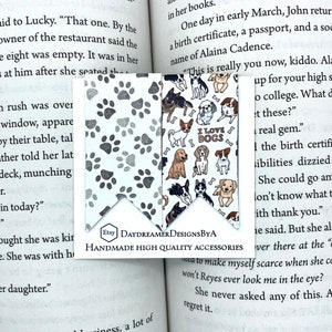 Set of 2 Faux Leather Magnetic Bookmarks Page Markers Dog Lover Paw Prints I Love Dogs