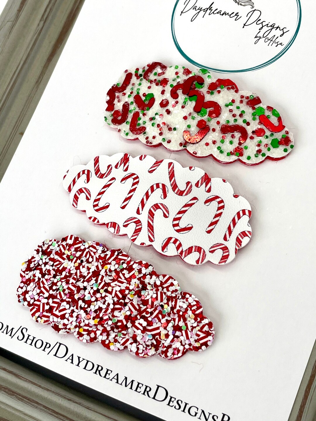 Candy Canes Faux Leather and Glitter Scalloped Snap Clips Christmas ...
