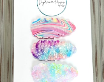 Tie Dye Rainbow Galaxy Trendy Girls Hair Clips Faux Leather and Glitter Barrettes