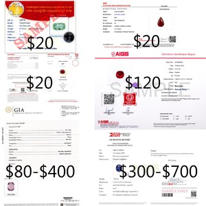 May include: Four gemstone identification reports with photos of the gemstones and price estimates. The reports are from GIA, AIGS, and GRS. The gemstones are a natural quartz, a natural ruby, a natural sapphire, and a natural taffeite.