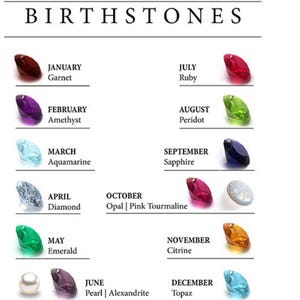 Peut inclure: Un tableau pr&eacute;sentant les pierres de naissance pour chaque mois de l'ann&eacute;e. Les pierres pr&eacute;cieuses comprennent le grenat, l'am&eacute;thyste, l'aigue-marine, le diamant, l'&eacute;meraude, la perle/alexandrite, le rubis, la p&eacute;ridot, le saphir, l'opale/tourmaline rose, la citrine et la topaze.