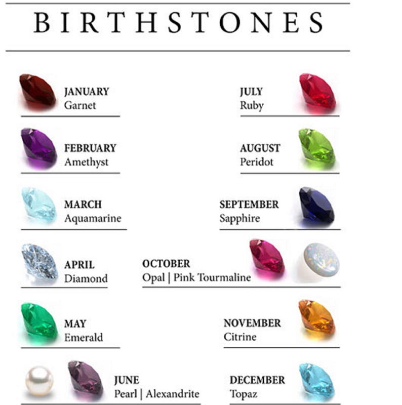 Peut inclure: Un tableau pr&eacute;sentant les pierres de naissance pour chaque mois de l'ann&eacute;e. Les pierres pr&eacute;cieuses comprennent le grenat, l'am&eacute;thyste, l'aigue-marine, le diamant, l'&eacute;meraude, la perle/alexandrite, le rubis, la p&eacute;ridot, le saphir, l'opale/tourmaline rose, la citrine et la topaze.