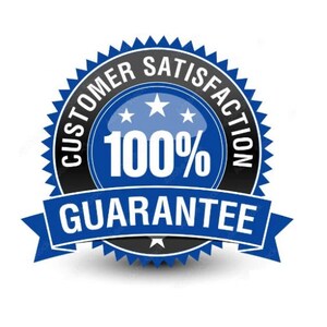 May include: Blue and black 100% customer satisfaction guarantee badge with a ribbon. The badge has three white stars and the text "100% Guarantee".
