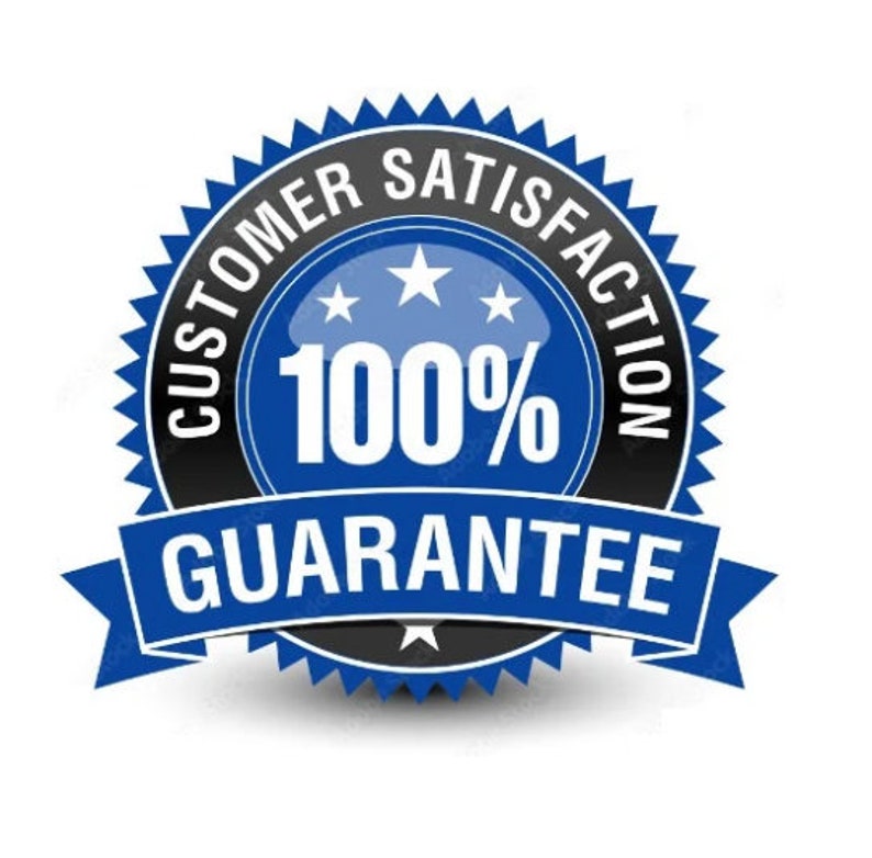 May include: Blue and black 100% customer satisfaction guarantee badge with a ribbon. The badge has three white stars and the text "100% Guarantee".