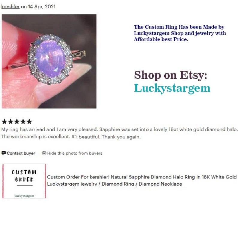 Peut inclure: Bague en argent avec une pierre centrale ovale en saphir violet clair, entour&eacute;e d'un halo de petits diamants clairs. La bague est sertie dans un anneau en or blanc. Le texte "Shop on Etsy: Luckystargem" est visible.
