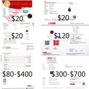 Peut inclure: Plusieurs rapports d'identification de pierres pr&eacute;cieuses, dont des rubis et des saphirs. Les rapports indiquent le poids, les dimensions et l'origine, avec des prix allant de 20 $ &agrave; 700 $.