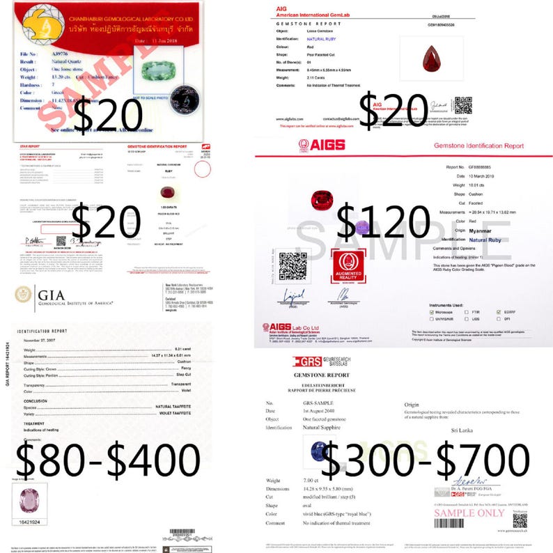 Peut inclure: Plusieurs rapports d'identification de pierres pr&eacute;cieuses, dont des rubis et des saphirs. Les rapports indiquent le poids, les dimensions et l'origine, avec des prix allant de 20 $ &agrave; 700 $.