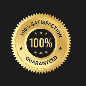 Peut inclure: Un badge dor&eacute; avec un bord dentel&eacute;, affichant le texte "100% Satisfaction Garantie". Le badge comporte un cercle noir central avec "100%" en or, entour&eacute; d'&eacute;toiles. Le fond est noir.